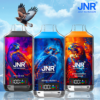 Tre dispositivi per svapare etichettati "JNR" con illustrazioni di falchi in diversi colori, che mostrano i gusti "Peach Ice", "Berry Burst" e "Strawberry Banana" su uno sfondo di cielo nuvoloso con un falco in volo.