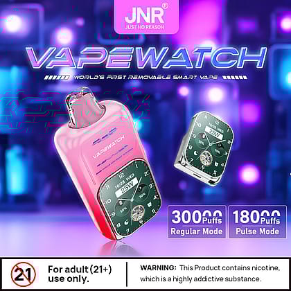 Vapewatch di JNR, un dispositivo smart vape rimovibile in rosa con un display simile a un orologio che mostra data e potenza (25 W). Presenta due modalità: Regular (30.000 tiri) e Pulse (18.000 tiri). Solo per adulti di età pari o superiore a 21 anni, contiene nicotina.