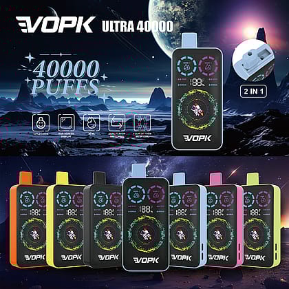 Colorful VOPK Ultra 40000 vape devices with 40000 puffs, dual flavor switching, RGB screen display, and child lock features showcased against a futuristic space-themed background.
