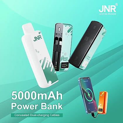 "JNR 5000mAh powerbank med dolda dubbla laddningskablar och demonstration av telefonladdning."