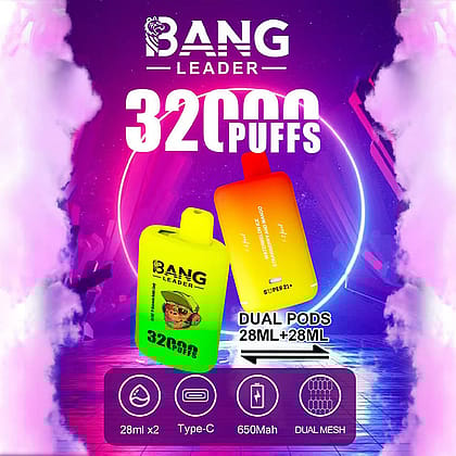 Immagine promozionale per Bang Leader vape, raffigurante due dispositivi vape dai colori vivaci con 32.000 tiri e due pod da 28 ml ciascuno, evidenziati su uno sfondo futuristico con testo di grandi dimensioni e icone che mostrano la ricarica Type-C, la batteria da 650 mAh e la tecnologia dual mesh.