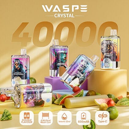 Produits de vapotage colorés étiquetés « Wasp Crystal » avec des fruits et des fonctionnalités affichées, notamment une double saveur, 40 000 bouffées et une charge de type C.