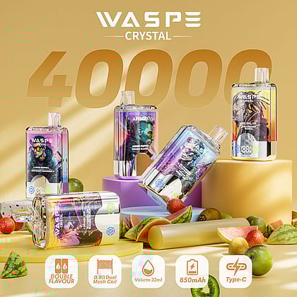Prodotti per lo svapo colorati con l'etichetta "Wasp Crystal" con frutta e caratteristiche in mostra, tra cui doppio sapore, 40.000 boccate e ricarica Type-C.