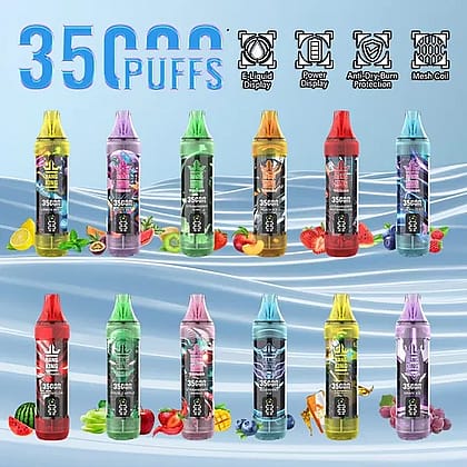 Un display che espone dispositivi per lo svapo colorati che offrono 3500 boccate, contrassegnati con caratteristiche quali display per e-liquid, indicatore di potenza, protezione anti-scottatura a secco e bobina a rete, ciascuno accompagnato da immagini di frutta abbinate che indicano le opzioni aromatizzate.
