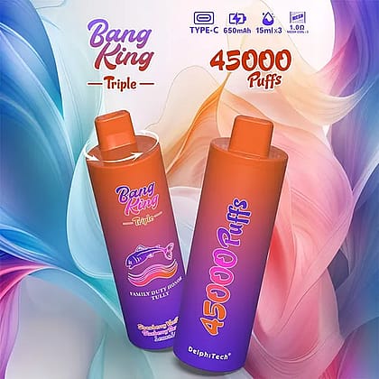 Promotional image of Bang King Triple disposable vape products featuring a gradient-colored background, highlighting specifications including 45,000 puffs, 650mAh battery capacity, and 15ml e-liquid capacity.