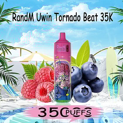 Werbebild für den RandM Uwin Tornado Beat 35K Vape mit einem farbenfrohen Gerät mit Totenkopfdesign, umgeben von Himbeeren, Blaubeeren und tropischen Elementen, mit der Aufschrift „3500 PUFFS“.