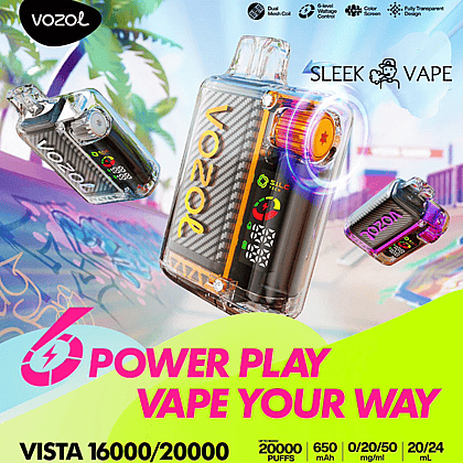 Imagen promocional de los dispositivos de vapeo recargables Vozol, que muestra elegantes diseños transparentes con colores brillantes y funciones avanzadas como potencia ajustable y una pantalla digital, sobre un fondo artístico de inspiración tropical.