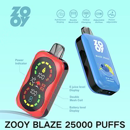 Kampanjbild av ZOOY Blaze 25000 Puffs vape-enheter med röda och blå versioner med märkta helskärmsskärmar, specifikationer och Blue Razz Lemonade-smak på en ljusblå bakgrund.