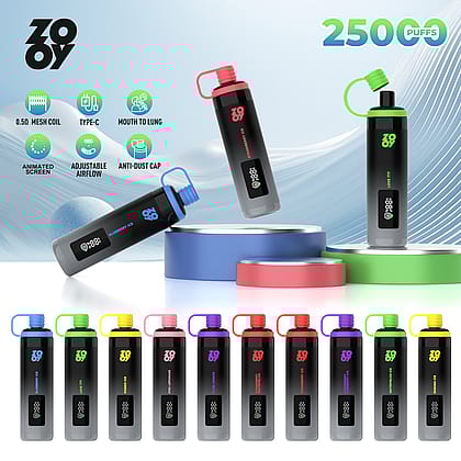 Werbebild, das verschiedene Modelle von Vaping-Geräten der Marke ZOOY mit farbenfrohen Designs und wichtigen Funktionen wie einem animierten Bildschirm, einstellbarer Luftzufuhr und einer Staubschutzkappe vor einem modernen grafischen Hintergrund mit Text zeigt, der eine Kapazität von 25.000 Zügen angibt.