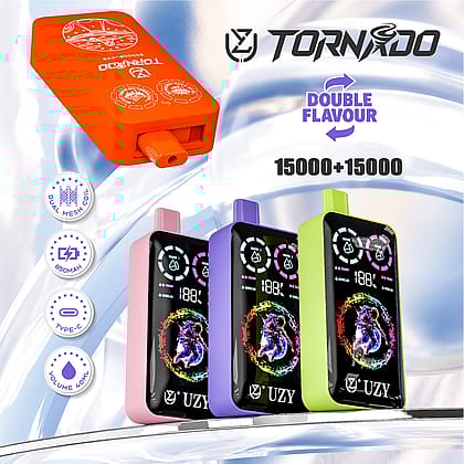 Immagine promozionale per i dispositivi di svapo Tornado che presenta vari colori, tra cui rosa, viola e verde, con caratteristiche come doppia bobina a rete, batteria da 8500 mAh, ricarica Type-C e volume di 40 ml, oltre a un design evidenziato che enfatizza la capacità di doppio aroma e una capacità di 15000+15000 tiri.