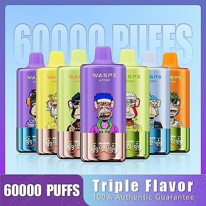 Färgglada vape-enheter märkta Wasp Aiyou, med tecknade mönster och framhäver "60 000 puffar" och "Triple Flavor" med en 100% Authentic Guarantee.