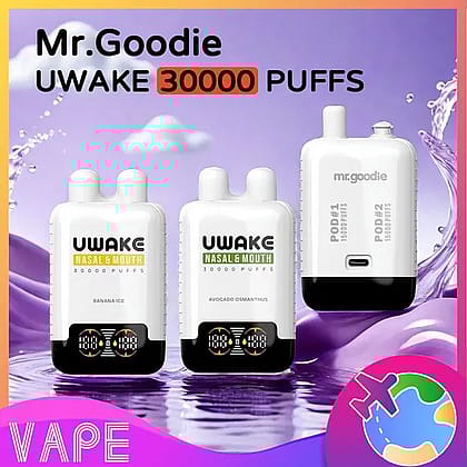 Werbebild, das die Mr. Goodie UWake-Verdampfer in den Geschmacksrichtungen Banana Ice und Avocado Osmanthus zeigt und vor einem violetten Hintergrund mit Flüssigkeitsspritzern eine Haltbarkeit von 30.000 Zügen hervorhebt.