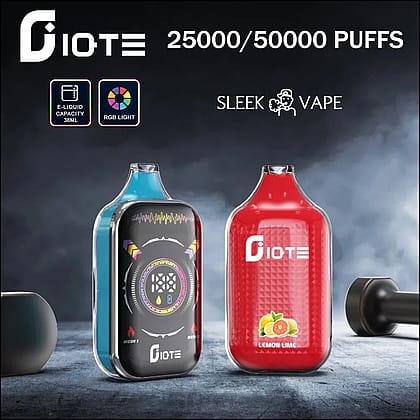Reklambild av två GIOTE-vapes, en svart med färgglad grafik och en röd med citronlimedesign, som framhäver 25000/50000 bloss och funktioner som 38 ml e-vätskekapacitet och RGB-belysning på en rökig bakgrund.