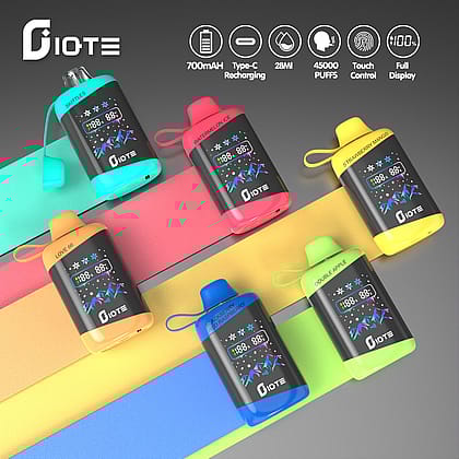 Five colorful vape devices labeled with flavors such as Skittles and Watermelon Ice, each with a screen showing digital displays, highlighting features like 700mAh battery, Type-C charging, and 28ml capacity.