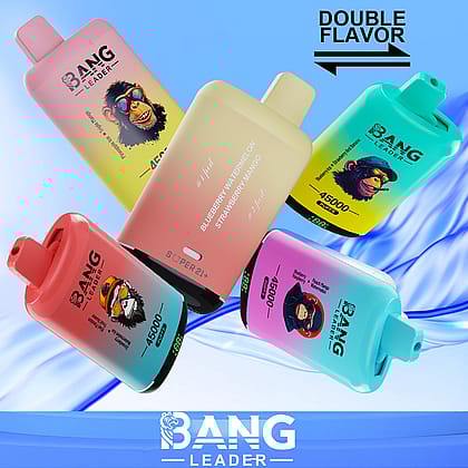 Una gamma di dispositivi per lo svapo colorati marchiati Bang Leader, caratterizzati da aromi assortiti, con la scritta "DOUBLE FLAVOR" e "45000" tiri su sfondo blu.