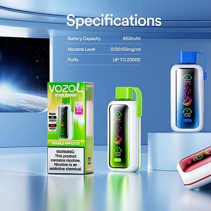 Exhibición de dispositivos de vapeo Vozol Star 20000 y empaque, presentando especificaciones como capacidad de batería de 650 mAh, niveles de nicotina entre 0-50 mg/ml y hasta 20.000 bocanadas, con indicadores de colores brillantes y diseño moderno.