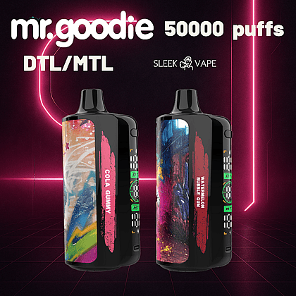 Werbegrafik mit zwei eleganten Vape-Geräten namens „Mr. Goodie“ mit anpassbaren Designfeldern mit den Geschmacksrichtungen „Cola Gummy“ und „Watermelon Bubble Gum“, begleitet von einem beschreibenden Text, der „50.000 Züge“ und „DTL/MTL“-Fähigkeit hervorhebt, vor einem dunklen Neonhintergrund.