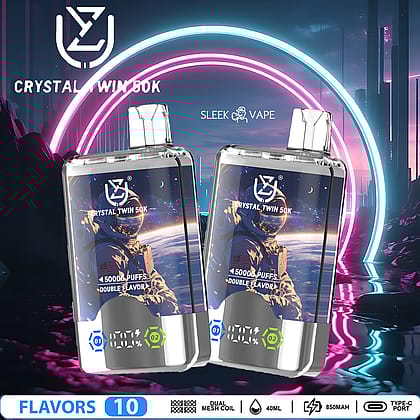 Two Crystal Twin 50K vape devices displayed against a futuristic, neon-lit backdrop with branding and descriptors like two flavors, dual mesh coil, and 50,000 puffs highlighted.