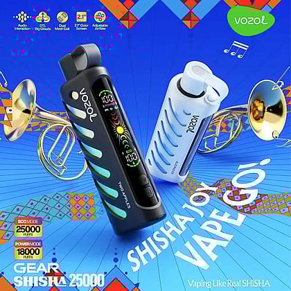 Colorful advertisement featuring two Vozol vape devices with a blue patterned background and musical elements, highlighting features such as a 2.1" color screen and adjustable airflow.