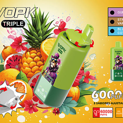 Reklambild som visar upp VOPK Triple vape-enheten, med livfulla fruktillustrationer och beskrivningar av tre smaker: Gummy Bear, Strawberry Vanilla Coke och Blueberry Cotton Candy, med en justerbar 3-i-1-design som erbjuder upp till 60 000 bloss.