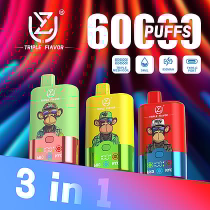 UZY Triple Flavor 60000 puffs Vape offers 0%,2%,3%，5% nicotine，3 in 1 flavors, 54mL e-liquid, triple mesh coil and smart LED display for a premium vaping experience.