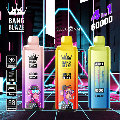 Advertising image featuring three Bang Blaze 4 in 1 vapes in different vibrant colors, with a digital display and cartoon monkey designs, set against a neon-lit cityscape with text highlighting 60,000 puffs and Type-C charging.