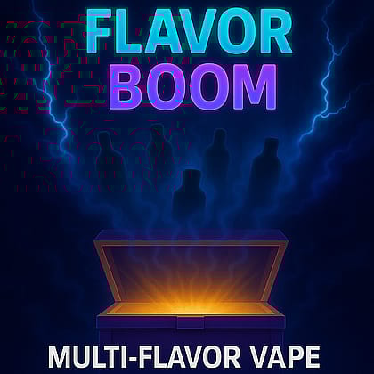 A glowing box emitting mist around silhouettes of bottles, featuring the text 'Flavor Boom' and 'Multi-Flavor Vape.'