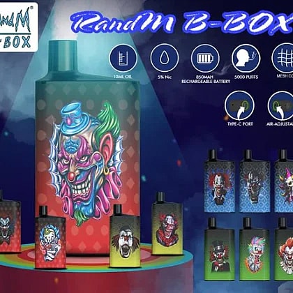 Colorful vape device with a clown graphic design, featuring specs like 10ml oil capacity, 5% nicotine, 650mAh rechargeable battery, 5000 puffs, mesh coil, Type-C port, and air-adjustable settings.