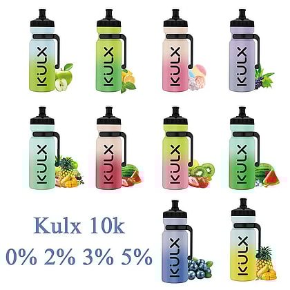 Nio färgglada vattenflaskor märkta "KULX" med olika fruktsmaker, inklusive äpple, citron, druva, vattenmelon, kiwi, ananas och blåbär, och med smakintensiteter från 0% till 5%.