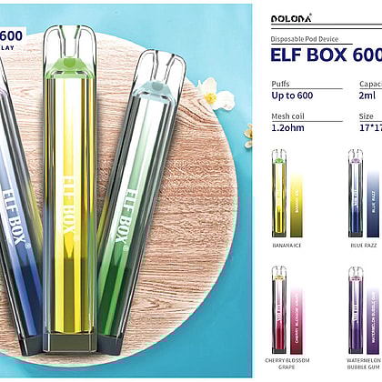 Produktdisplay des ELF BOX 600 Einweg-Dampfgeräts in verschiedenen Farben und Geschmacksrichtungen mit den technischen Daten des Geräts wie 600 Puffs, 2 ml Fassungsvermögen, 450-mAh-Akku und 1,2-Ohm-Mesh-Spule.