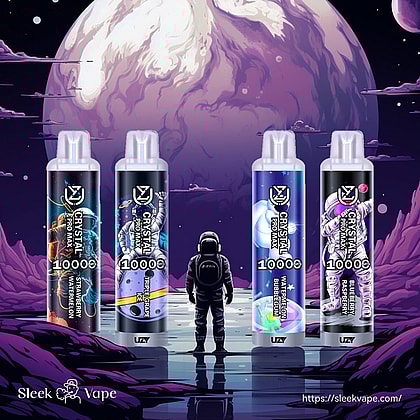 Astronaut standing on a surreal landscape with a large planet in the background, surrounded by four vape devices labeled "Crystal Pro Max 10000," each with different flavors and futuristic designs.