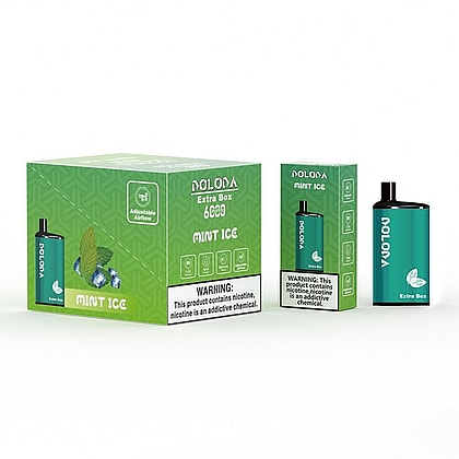 Green and black vape product packaging for "Doloda Extra Box Mint Ice" with adjustable airflow, warning labels, and mint leaf and ice cube illustrations.