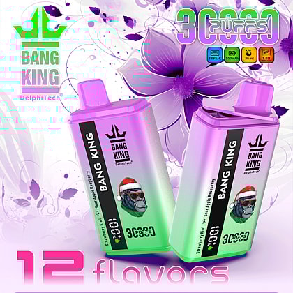 Imagen promocional de los dispositivos de vapeo desechables Bang King con colores verde y morado degradado, que presenta características clave como 3000 bocanadas, 12 sabores y carga tipo C en medio de un fondo floral.