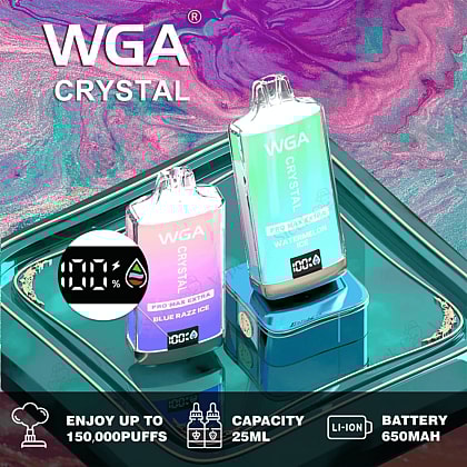 Vapeador desechable WGA Crystal Pro Max Extra 15K en un elegante envase, que ofrece 15.000 caladas, con un diseño moderno de colores vibrantes, ideal para un uso prolongado y para vapear sobre la marcha.