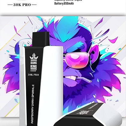 Anuncio del vapeador desechable Bang King Color 30K Pro, que presenta un dispositivo que ofrece 30.000 caladas con una capacidad de 36mL de e-líquido y una batería de 850mAh, acompañado de gráficos vibrantes y abstractos de color púrpura y texto que detalla las especificaciones del producto.