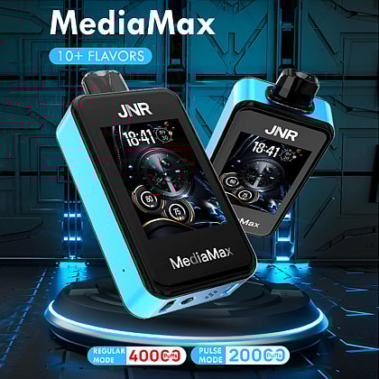 MediaMax JNR vape device display showing 10+ flavors, with regular mode offering 400 puffs and pulse mode offering 200 puffs.