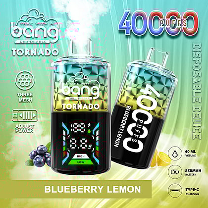 En färgstark reklam för en engångsvape-enhet som heter "Bang Tornado" med en "Blåbärscitron"-smak. Den framhäver dess kapacitet på 40 000 bloss, 40 ml volym, 850 mAh batteri, justerbar ström och Type-C-laddning. Bilder på blåbär och citroner ingår, tillsammans med teknisk grafik som visar effektinställningar.