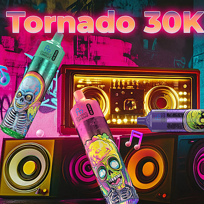 Två färgglada sprayfärgburkar med skalldesign placeras framför en retro boombox, mot en livfull bakgrund i graffitistil. Texten "Tornado 30K" visas tydligt överst.