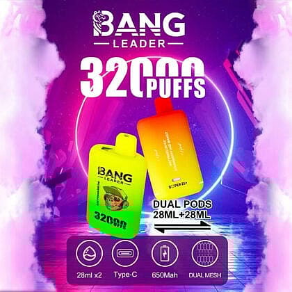 Promotional image for Bang Leader vape, featuring two brightly colored vape devices with 32,000 puffs and dual pods of 28ml each, highlighted in a futuristic background with large text and icons showing Type-C charging, 650mAh battery, and dual mesh technology.