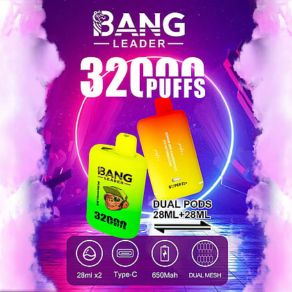 Imagen promocional del vaporizador Bang Leader, que presenta dos dispositivos de vapeo de colores brillantes con 32.000 bocanadas y cápsulas duales de 28 ml cada una, resaltados en un fondo futurista con texto grande e íconos que muestran carga tipo C, batería de 650 mAh y tecnología de malla dual.
