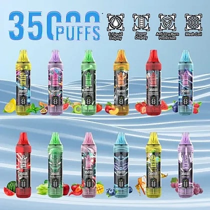 A display showcasing colorful vape devices offering 3500 puffs, titled with features like e-liquid display, power display, anti-dry burn protection, and mesh coil, each accompanied by matching fruit imagery indicating flavored options.