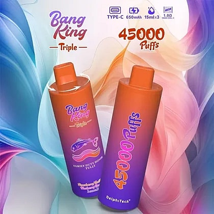 Promotional image of Bang King Triple disposable vape products featuring a gradient-colored background, highlighting specifications including 45,000 puffs, 650mAh battery capacity, and 15ml e-liquid capacity.