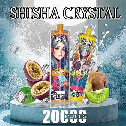 Two vibrant disposable shisha devices labeled "Love 66" and "Kiwi Passion Fruit Guava" displayed on a circular platform surrounded by fresh fruit and ice, with accompanying text highlighting 20,000 puffs.
