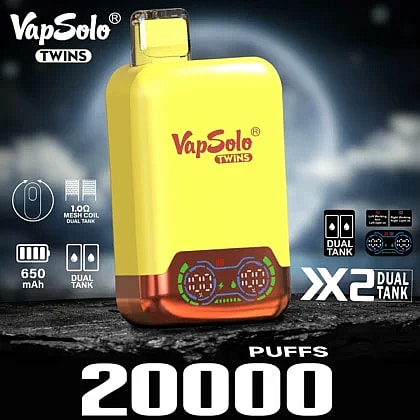 Promotional image of the VapSolo Twins, a yellow and red vaping device with dual tanks, 650mAh battery, and designed for up to 20,000 puffs, with multiple technical features displayed.