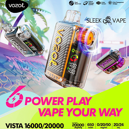Image promotionnelle pour les appareils de vapotage rechargeables Vozol, présentant des designs transparents élégants avec des couleurs vives et des fonctionnalités avancées telles qu'une puissance réglable et un affichage numérique, sur un fond artistique d'inspiration tropicale.