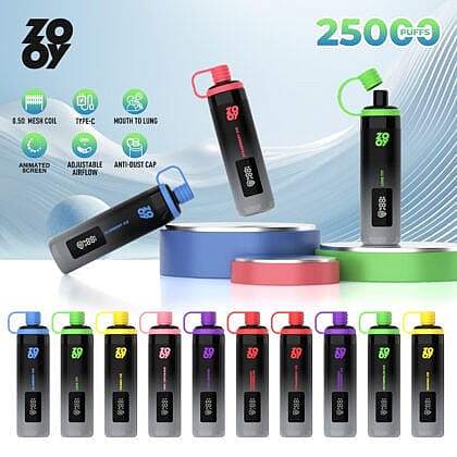 Imagen promocional que muestra varios modelos de dispositivos de vapeo de la marca ZOOY con diseños coloridos, con características clave como una pantalla animada, flujo de aire ajustable y una tapa antipolvo, sobre un fondo gráfico moderno con texto que indica una capacidad de 25000 bocanadas.