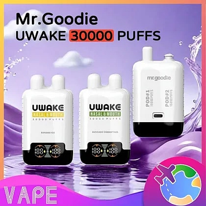 Imagen promocional que muestra los vaporizadores Mr. Goodie UWake en sabores Banana Ice y Avocado Osmanthus, resaltando la durabilidad de 30,000 bocanadas, sobre un fondo de salpicaduras de líquido violeta.