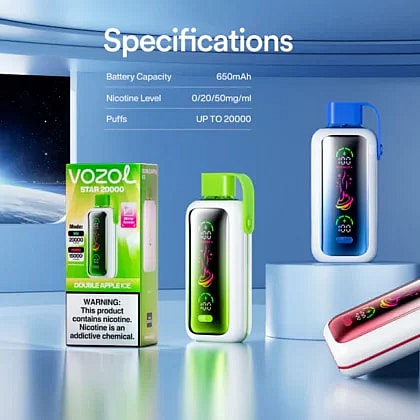 Exhibición de dispositivos de vapeo Vozol Star 20000 y empaque, presentando especificaciones como capacidad de batería de 650 mAh, niveles de nicotina entre 0-50 mg/ml y hasta 20.000 bocanadas, con indicadores de colores brillantes y diseño moderno.