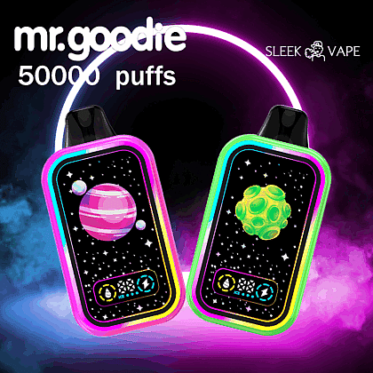 Two neon-themed vape devices featuring colorful space-themed artwork, labeled 'mr.goodie 50000 puffs Sleek Vape,' set against a smoky, dark background.