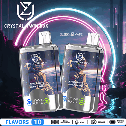 Dos dispositivos de vapeo Crystal Twin 50K exhibidos sobre un fondo futurista iluminado con neón, con marcas y descripciones como dos sabores, bobina de malla doble y 50,000 bocanadas resaltadas.